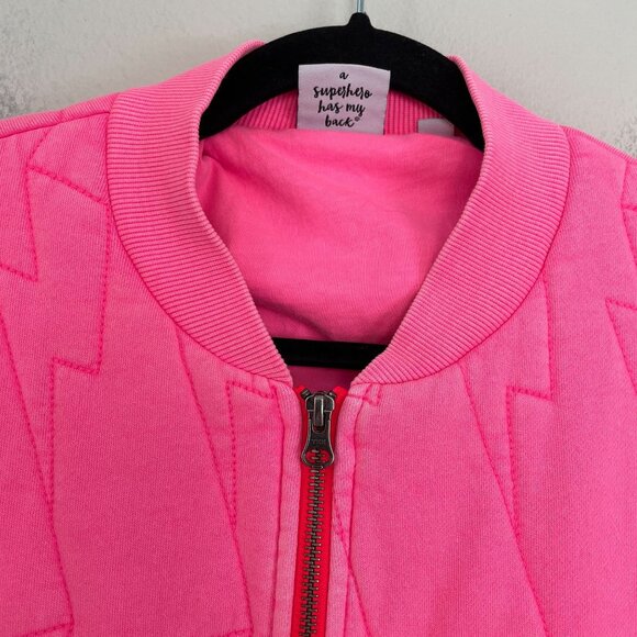 Scamp&Dude S/M Neon Pink Lightning Bolt Oversized Quilted Bomber Jacket Organic - Picture 11 of 16